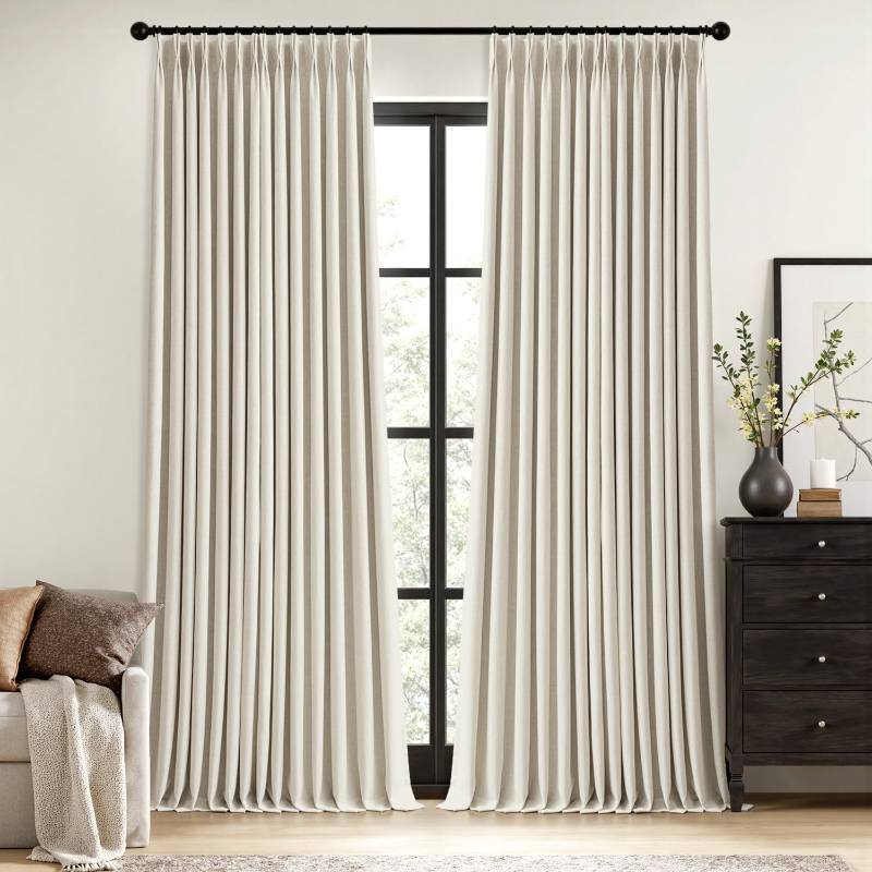 lot 3722 image: MIULEE Linen Pinch Pleated 100% Blackout Linen Curtains 90 Inch Length 2 Panels Set, Black Out Memory Trained Pleat Curtains Light Blocking Room Darkening Drapes for Bedroom Living Room Window - Retail $75