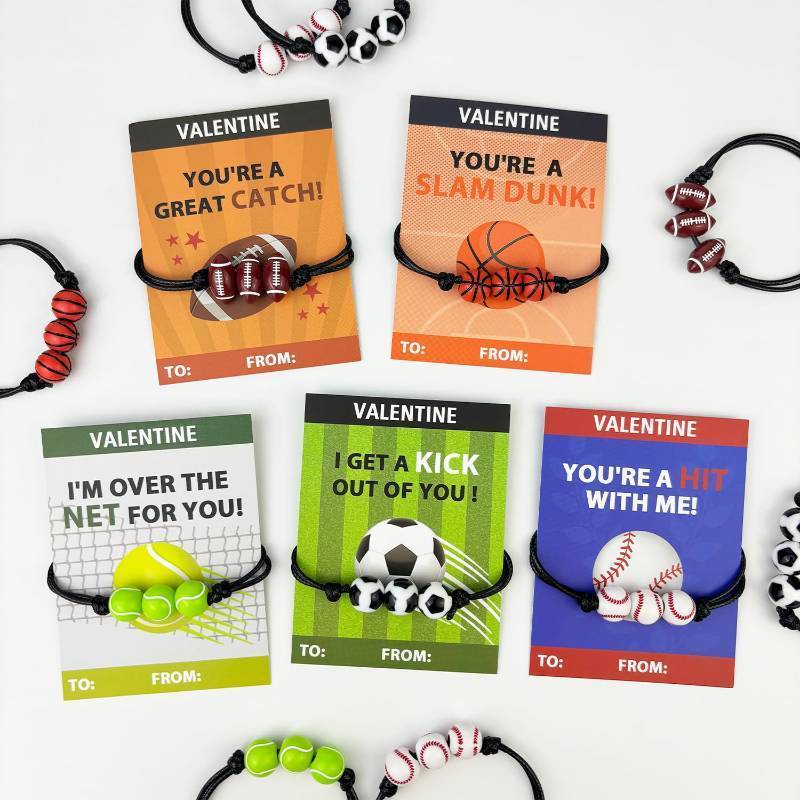 lot 4954 image: Sports Valentines Day Gifts Cards with Bracelets for Kids Classroom,30 Pack Adjustable Bracelets for Boys Girls,Valentine Non Candy Treats,Party Favors,Goodie Bag Stuffers,School Prizes for Toddlers - Retail $14