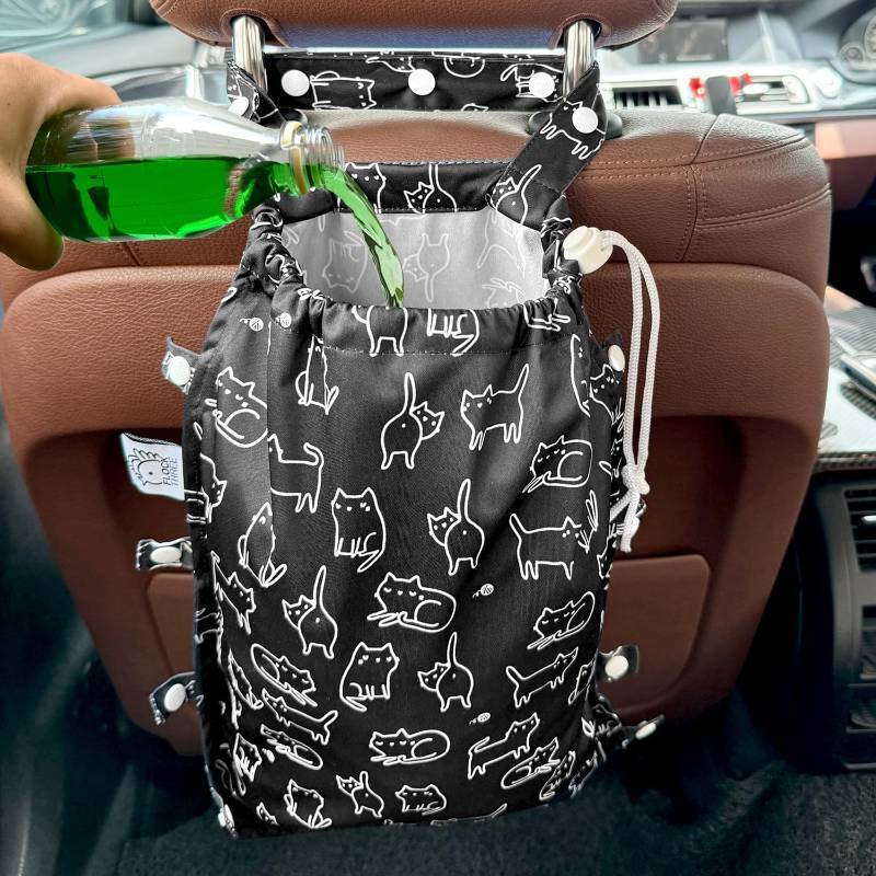 lot 5010 image: FLOCK THREE Leak-Proof Waterproof Car Trash Bag Foldable Multipurpose Trash bin Container Storage Cute Grocery Organizer Bag for Automotive Front or Back Seat in Cars SUVs and Trucks (Black Cats) - Retail $16