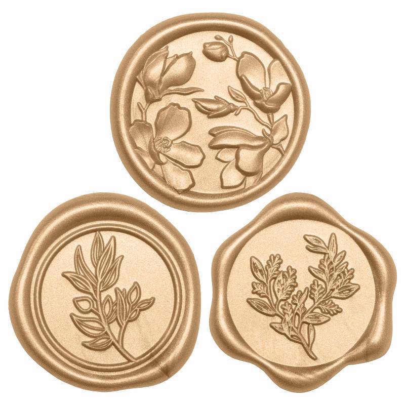 lot 5224 image: UNIQOOO Wax Seal Stickers - (3 Designs in 1 Pack) Wedding Invitation Envelope Seal Stickers, Self-Adhesive Stickers, Perfect for Invitation, Christmas, Gift Wrapping (Light Gold) - Retail $15