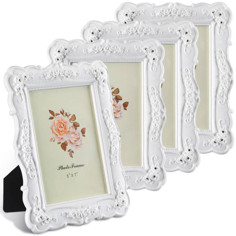 lot 5246 image: Amyhill 4 Pcs White Vintage Picture Frame Rose Flower Design Antique Photo Frames with Glass for Wedding Home Living Room Tabletop Wall Display, Horizontally or Vertically Use(White,5 x 7) - Retail $35