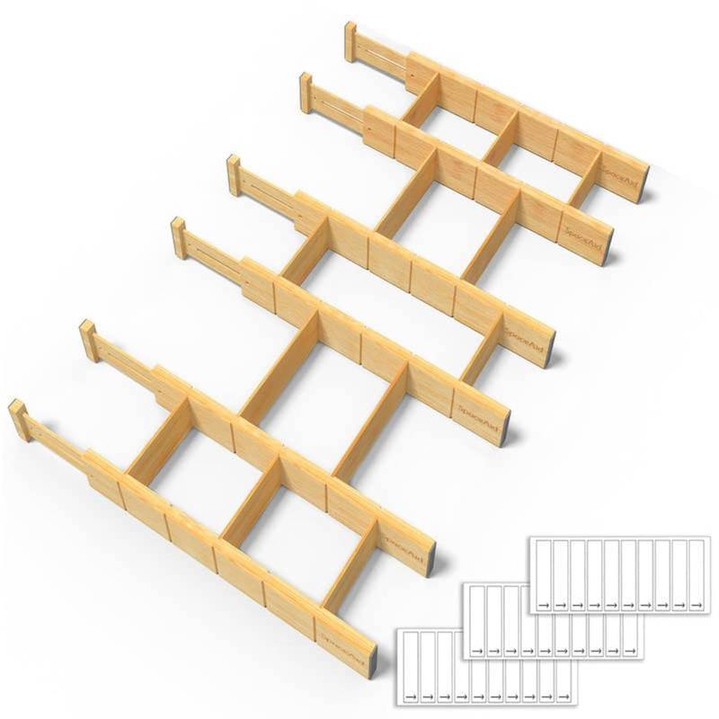 lot 5262 image: SpaceAid Bamboo Drawer Dividers with Inserts and Labels, Kitchen Adjustable Drawer Organizers, Expandable Organization for Home, Office, Dressers and Bathroom, 6 Dividers with 12 Inserts (17-22 in) - Retail $40