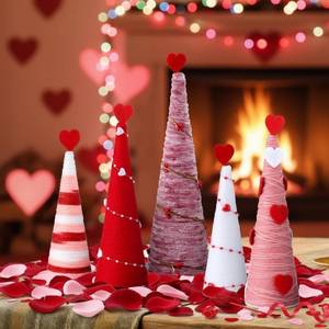 lot 7587 image: Realspring 5 Pcs Valentines Day Heart Cone Tree Table Centerpiece Decoration Red Pink White Tabletop Ornaments for Mantel Fireplace Home Farmhouse Kitchen Party Crafts, 3 Sizes - Retail $22