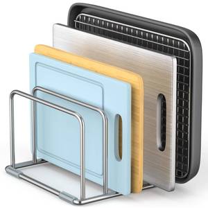 lot 7614 image: LAEMYFYRE Cutting Board Holder Stand, Chopping Board Organizer Rack with 304 Stainless Steel, Cookie Sheet Storage Organizer, 1.0 & 1.2 Inch Wide Slots (1 Pack) - Retail $19
