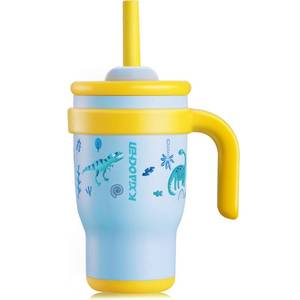 lot 7623 image: KXIAOCHEN Toddler Tumbler With Straw Spill Proof 14 Oz, Kids Tumbler With Handle Insulated Stainless Steel BPA-Free Keeps Drinks Cold up to 24 Hrs for Travel Cup Holders Outdoors, Blue Dinosaur - Retail $17