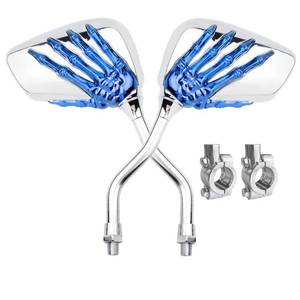 lot 7636 image: Pairs of Distinctive Skull Skeleton Hand Bike Mirror, Bicycle Mirrors for Handlebars with Mount Holder Clamp Adaptor 10mm for Scooter Moped Bike Standard Bike Motorcycle (Blue) - Retail $17