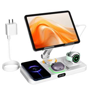 lot 7642 image: 30W Foldable Fast Wireless Charger Stand for Multiple Samsung Device &amp Android, 6 in 1 Charging Station for Adjustable Tablet Stand with 7-Color LightsClock,Watch Charger Only for Galaxy Watch
