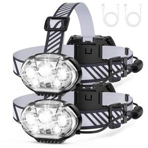 lot 7654 image: MIOISY Rechargeable Headlamp, High Lumen 5 LED Head Lamp with Red White Light,IPX4 Waterproof Headlight,8 Mode Head Flashlight for Outdoor Running Hunting Fishing Hiking Camping Gear-2Pack - Retail $23