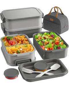 lot 7665 image: KEMETHY Adults Bento Lunch Box Set with Thermo Bag, 74oz Stackable Leak-proof 3-tiers Bento Box, Built-in Utensil and Sauce Container for Work, School, Dining Out (Gray) - Retail $25