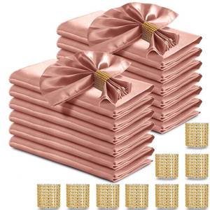 lot 7687 image: RUDONG M 100 Pcs Rose Gold Satin Napkins and Napkin Rings Set, 17 x 17 Inch Square Cloth Napkins Set of 50, Silky Soft Table Napkins Bulk for Weddings, Banquet, Parties Dinner Decoration - Retail $28