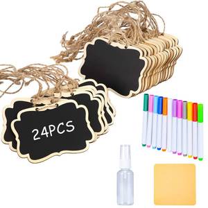 lot 7713 image: 24 Pcs Reusable Mini Wood Chalkboards with Hanging String Erasable, Double-Sided Blackboard for Message Board Signs, Weddings Place Cards, Birthday Parties, Table Numbers, Plants - Retail $12