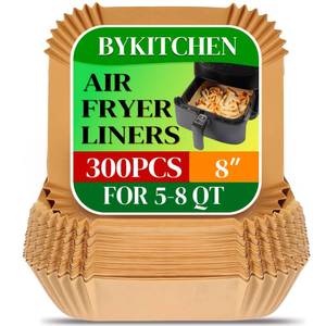 lot 7723 image: BYKITCHEN 300PCS Disposable Air Fryer Paper Liners for Ninja AF141 5 QT Pro AF181 6.5QT, Cosori Chefman 6 QT &Other 5 to 8Qt Airfryer, 8in Square Air Fryer Parchment Paper, Airfryer Basket Accessories - Retail $18