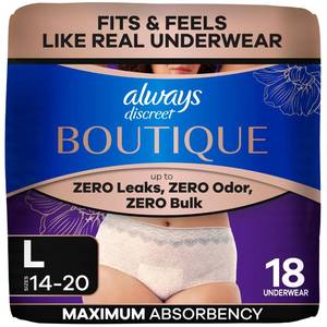 lot 7728 image: Always Discreet Boutique Incontinence and Postpartum Underwear for Women, Maximum Protection, Large, Rosy, 18 Count - Retail $25