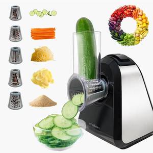 lot 7731 image: Mokero 5 in 1 Electric Cheese Grater for Block Cheese, Kitchen Automatic Cheese Shredder & Salad Shooter, Easy to Clean Vegetable Chopper for Cheese,Cucumber, Potato, Carrots, Nut - Retail $47