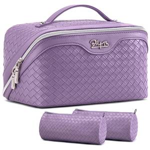 lot 7734 image: BOYATU Travel Makeup Bag Cosmetic Bags for Women Large Capacity 3 Pcs Set Make up Bag with Compartments - Waterproof Vegan Leather Toiletry Organizer Bags with Handle (Grey) - Retail $24