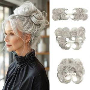 lot 7743 image: youngways Messy Bun Hair Piece Side Comb Clip in Hair Bun Hairpiece for Women Short Natural Straight Versatile Adjustable Styles Easy Hair pieces (Grey Multi-C) - Retail $10