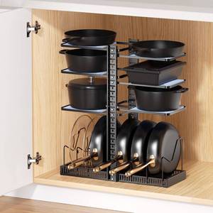 lot 7765 image: LAMU Pots and Pans Organizer under Cabinet, Expandable to 24 H Pan Organizers inside Cabinet for Kitchen Storage, 6 Adjustable Tiers and 6 Pot Lid Organizer Racks, Holds 12 Cast Iron Cookware Black - Retail $32