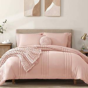 lot 7769 image: Monbix Full Comforter Set - 7 Pieces Light Pink Bed in a Bag Full Size Bedding Sets with Comforters, All Seasons Comforter with Sheets, Pillowcases & Shams - Retail $60