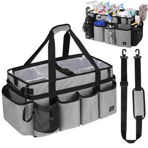 lot 7772 image: Timoxi Extra large Cleaning Caddy Bag Built-in Sturdy Support Board, Cleaning Organizer with Detachable Divider, Cleaning Supply Tote with Adjustable Shoulder Strap (Grey, 19 x 11 x 11) - Retail $39
