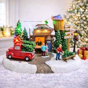 lot 7774 image: MOMENTS IN TIME Christmas Village Tree Lot Scene 6.7 H Hand-Painted Polyresin with LED Lights Music Battery Operated Holiday Decor Collectible TOWER NEEDS GLUED - Retail $100