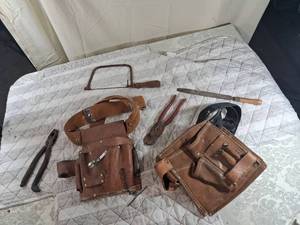 lot 12 image: Leather Tool Belt and Hand Tools Set