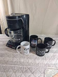 lot 27 image: GE Digital 12-Cup Coffee Maker with Assorted Coffee Mugs