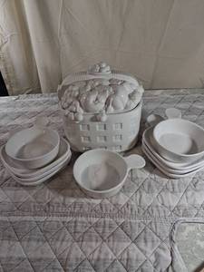 lot 30 image: White Ceramic Dinnerware Set with Decorative Basket Centerpiece