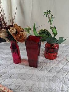 lot 58 image: Red Glass Vase Set - Assorted Shapes