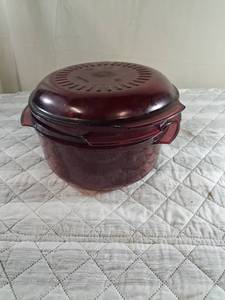 lot 66 image: Cranberry Glass Microwave Cookware Set with Vented Lid Tupperware brand