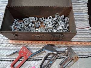 lot 118 image: Industrial Metal Toolbox with Clips and staplers.
