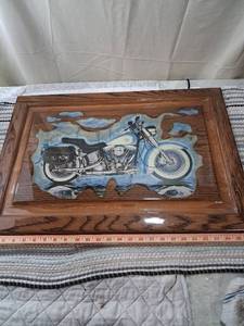 lot 143 image: Handcrafted Motorcycle Wall Art in Wood Frame