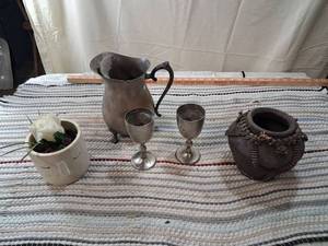 lot 153 image: Pewter Serving Set with Native American Clay Pottery and Ceramic Planter