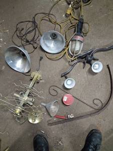 lot 161 image: Rando box of stuff Industrial Work Light Collection with Reflectors and Accessories