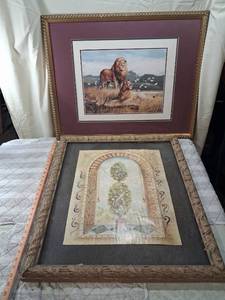 lot 181 image: Two Framed Artwork Pieces - Lion Print and Decorative Topiary