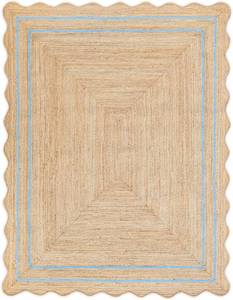 $270 Jute Wave Scalloped Boho Rug, Sky Blue 6'x9', Runner, Indoor