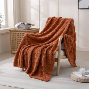 lot 3771 image: Burnt Orange Throw Blanket 50x60 in, Fleece Flannel Checkered