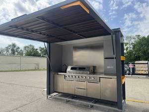 lot 43009 image: Barbecue House w Grill, Side Burner, Sink, Fan &amp Storage &amp�� Folding Shade BBQ Pod