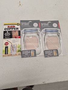 lot 10289 image: Red Copper Stainless Steel Drinking Straws and Mason Jar Zip Bags Set