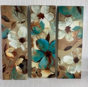 lot 273 image: Teal and Brown Floral Canvas Wall Art Triptych