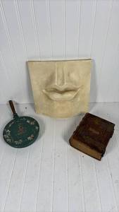 lot 328 image: Mixed Collectible Lot - Face Sculpture, Decorative Pan, Photo Album