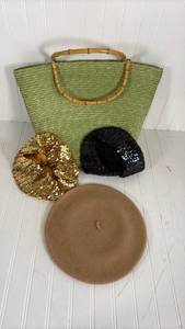 lot 357 image: Womens Accessories Bundle - Green Straw Handbag with Bamboo Handles, Sequin Berets and Wool Beret