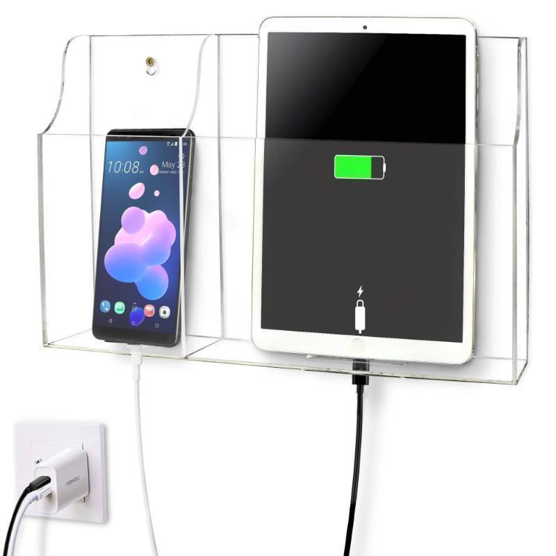 lot 40961 image: Yoillione Wall Mount Tablet and Phone Charging Stand for Tablet, Smartphone, E-Book, 2 Slots Remote Control Holder for TV, Clear Acrylic Remote Storage Media Organizer Box - Product 2.0 Size Upgrade - Retail $23
