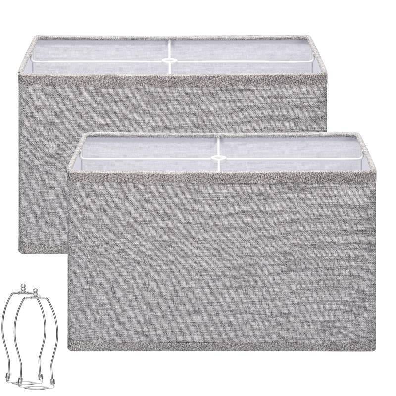 lot 33224 image: Rectangular Lamp Shades Set of 2, 16L x 8W x 10H Large Lamp Shade, Gray Lampshades for Floor Lamps Table Lamps, Natural Linen Hand Crafted, Spider, Harp Holders Included, Easy Assembly Required - Retail $45