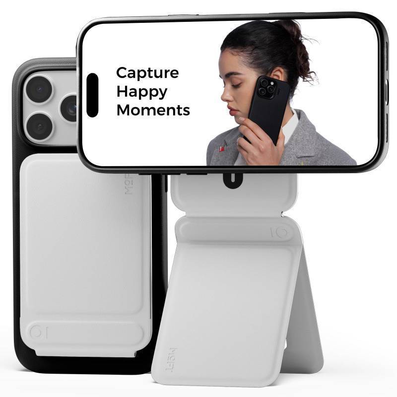 lot 40903 image: MOFT Phone Tripod Stand Selfie Stick for iPhone, Multi-Angles iPhone Stand, Lightweight & Portable Phone Holder, Strong Magnets, MOVAS Vegan Leather, Travel Essentials, Misty Cove (Without Card Slot) - Retail $40