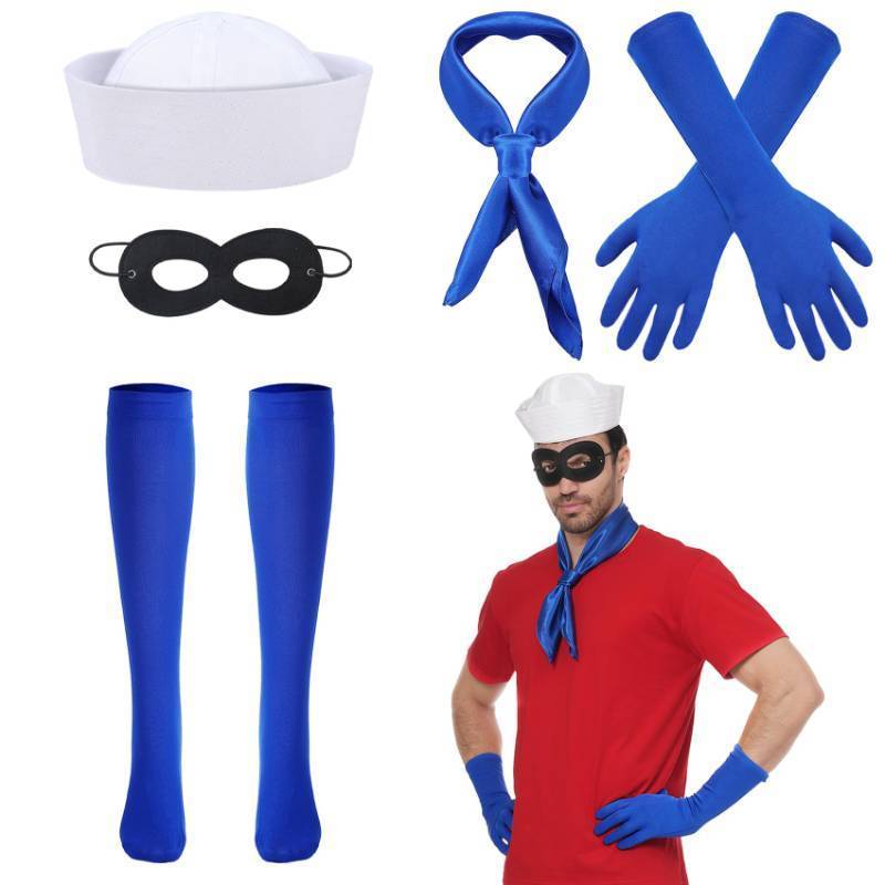 lot 41467 image: EchoElce 5 PCS Halloween Sailor Costume Accessories Include Sailor Hat Blue Scarf Gloves Socks Eye Mask for Women Men Halloween Party Cosplay - Retail $19