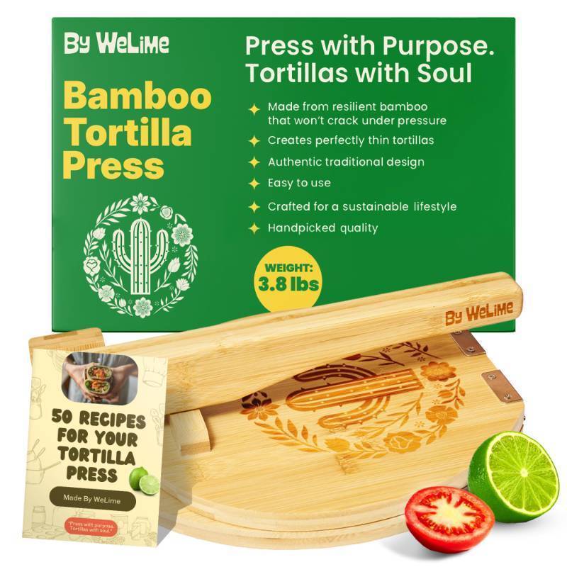 lot 44719 image: Wooden Tortilla Press By WeLime - Prensa para Tortillas, Great for Taco Tuesday, Kitchen gift, with 50 Parchment Paper Sheets, Anti Slip Pads, Manual and Digital Cookbook, Made of Durable Bamboo (10) .missing tiny screws  - Retail $39