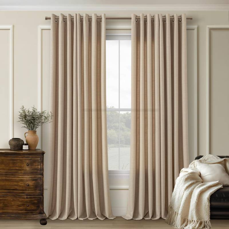 lot 45578 image: Tan Brown 96 Inch Linen Curtains 2 Panels Set Grommet Light Filtering Burlap Dark Flax Drapes Boho Farmhouse Semi Sheer Window Curtain 96 Inches Length for Hallway Living Room Sliding Patio Door - Retail $40