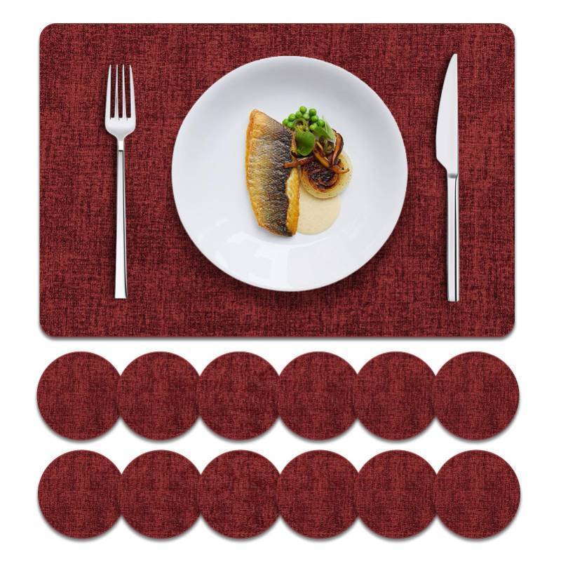 lot 50900 image: MOSAYT Faux Leather Placemats Set of 12, Heat Resistant Vinyl Place Mats with Coasters, Wipeable Washable 100% Waterproof Oil Proof Table Mats for Kitchen Dining Party Indoor Outdoor, 12 x 17, Red - Retail $58