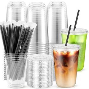 lot 22709 image: 50PCS 16 oz Round Bottom Plastic Cups with Lids and Black Straws, Clear To Go Iced Coffee Smoothie Juice Cups, Disposable Cold Drink Bubble Tea Party Cups for Catering, Christmas, Birthdays, Takeout - Retail $22