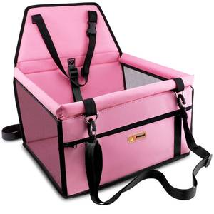 lot 31971 image: Petbobi Pet Reinforce Car Booster Seat for Dog Cat Portable and Breathable Bag with Seat Belt Dog Carrier Safety Stable for Travel Look Out,with Clip on Leash with PVC Tube, Pink - Retail $19